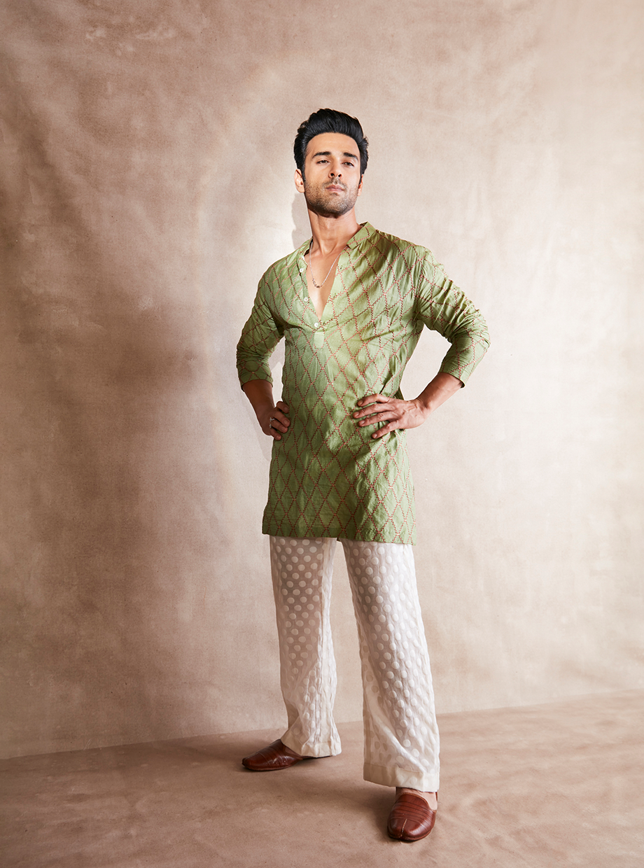 MOONGA TUSSAR SILK MOSS GREEN SHORT KURTA My Store