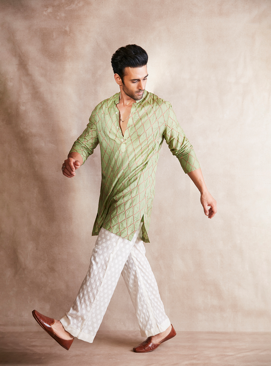 MOONGA TUSSAR SILK MOSS GREEN SHORT KURTA My Store