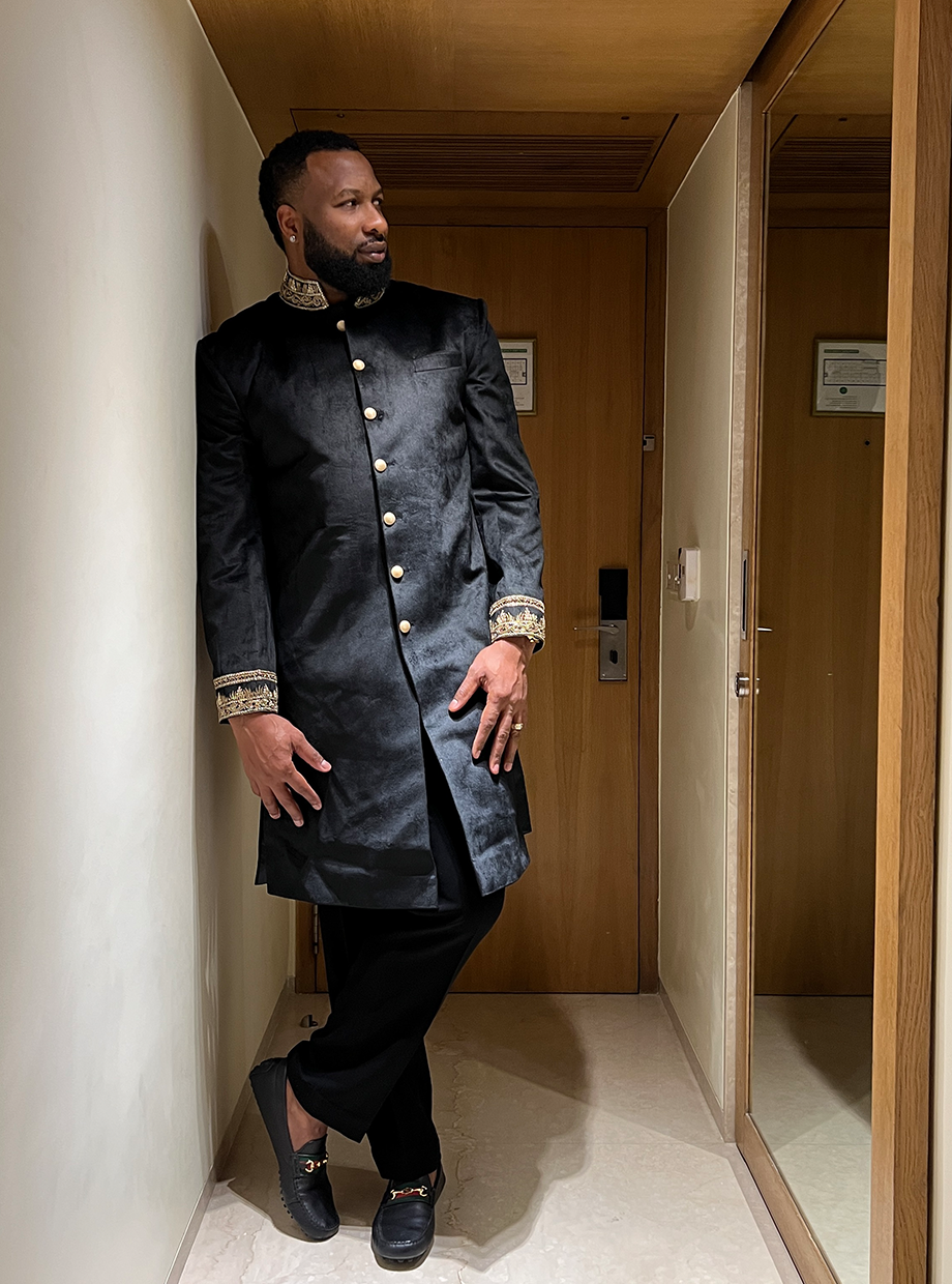 Raven Black Suede sherwani With Hand Zardozi Detailing My Store