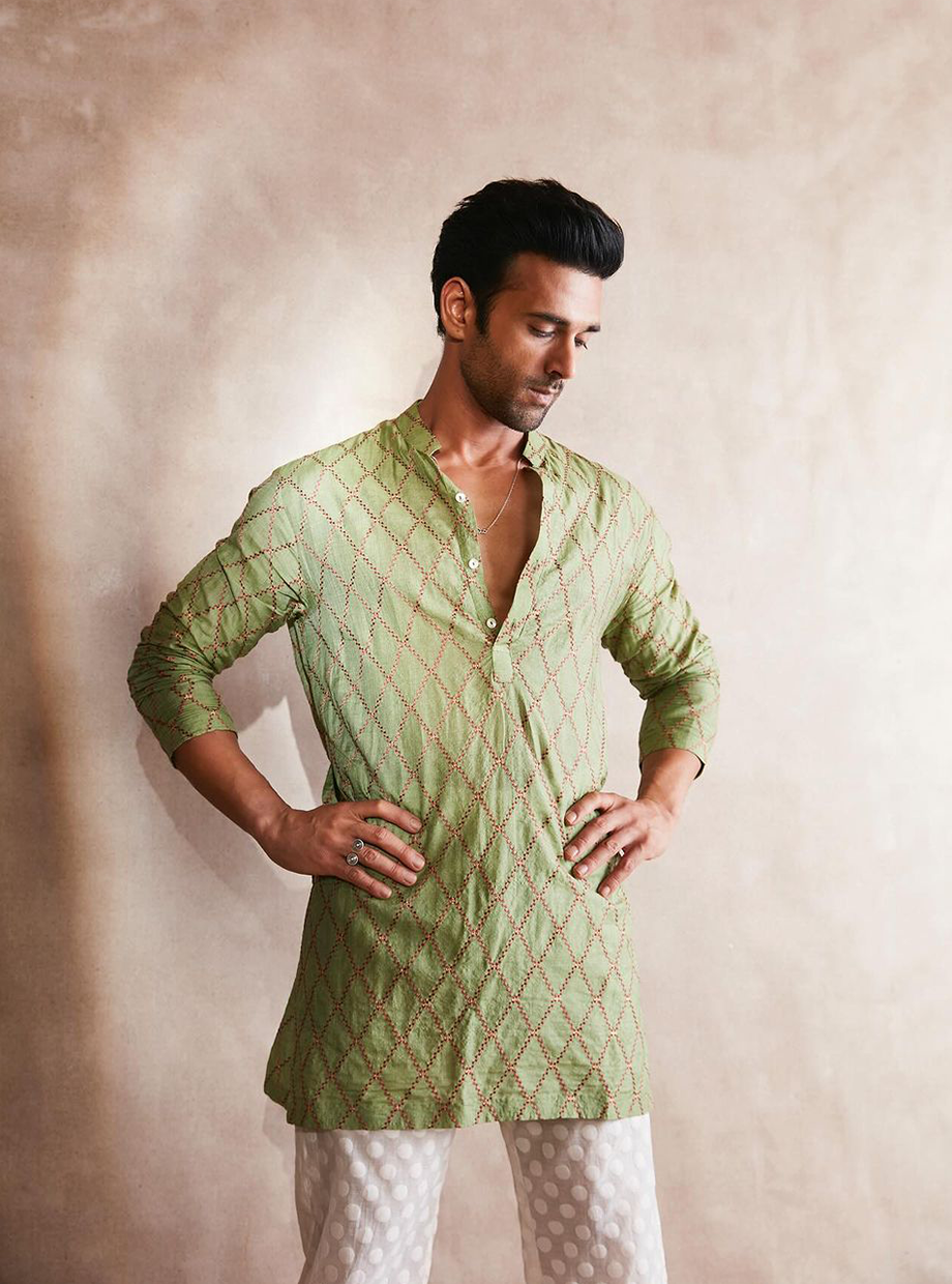 MOONGA TUSSAR SILK MOSS GREEN SHORT KURTA My Store