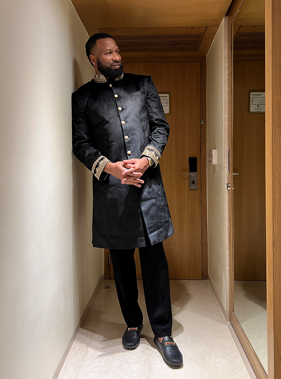 Raven Black Suede sherwani With Hand Zardozi Detailing My Store