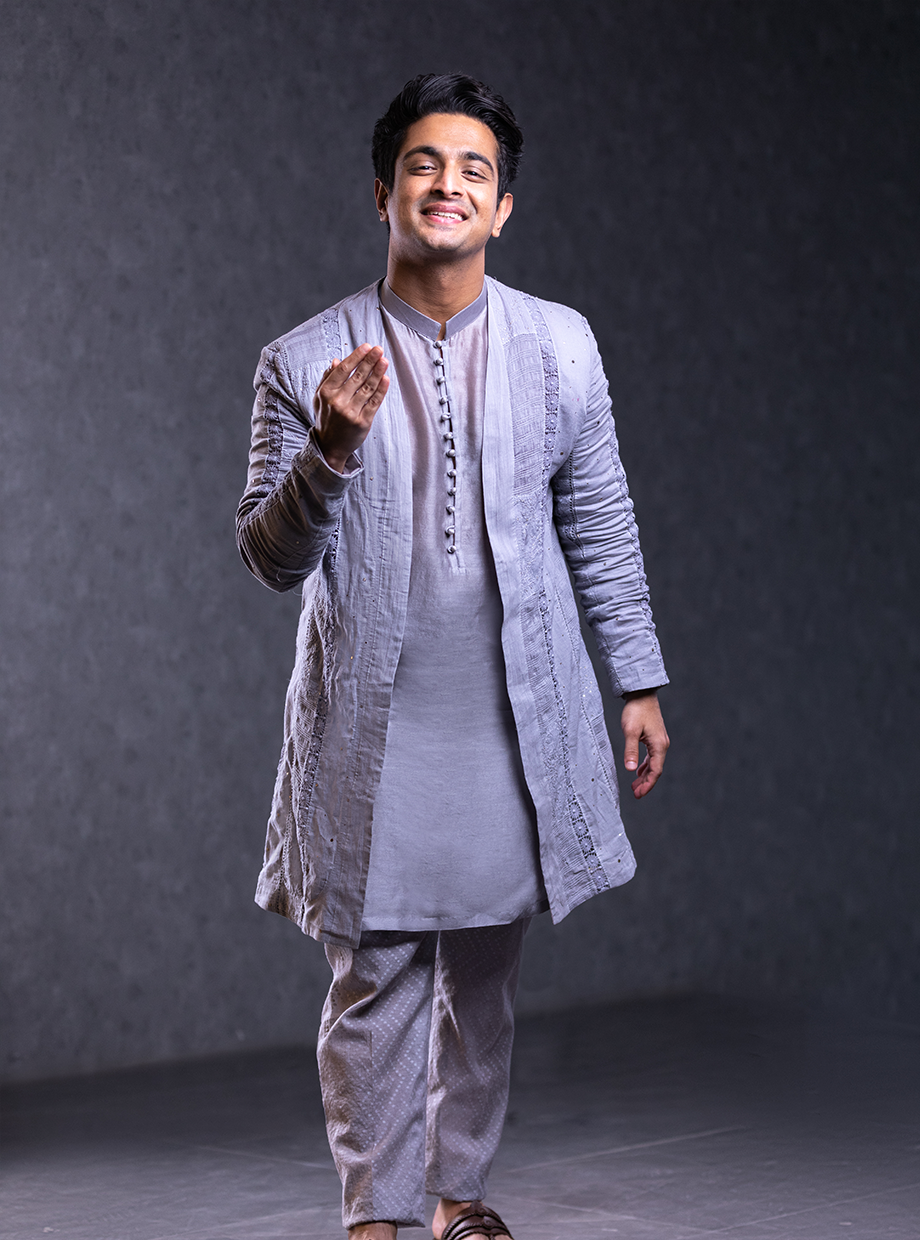 DOVE GREY EMBROIDERED JACKET & CHANDERI KURTA SET My Store