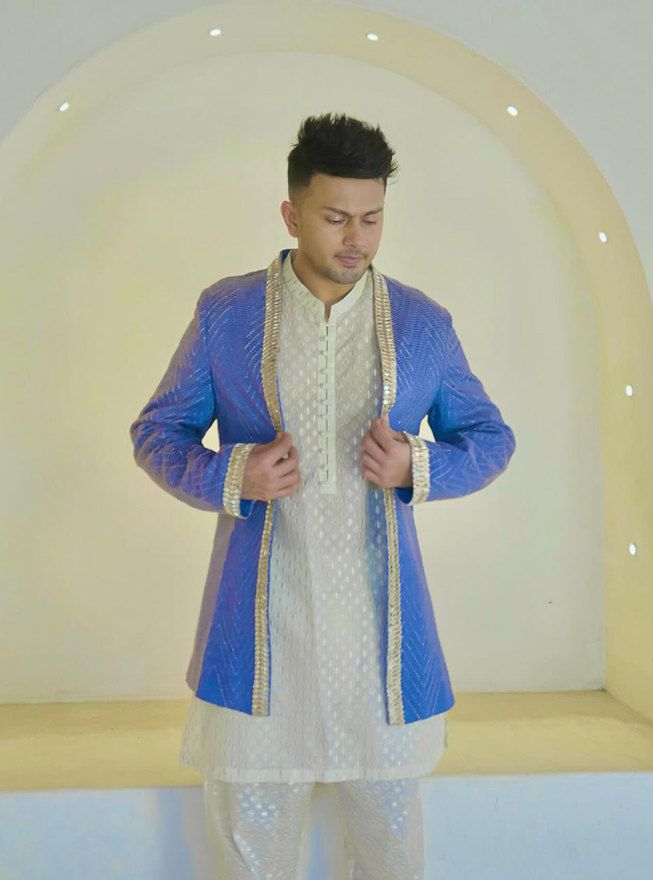 CHEVRON ROYAL BLUE JACKET WITH MIRROR DETAIL + BANARSI JACQARD KURTA + CHANDERI PANT My Store
