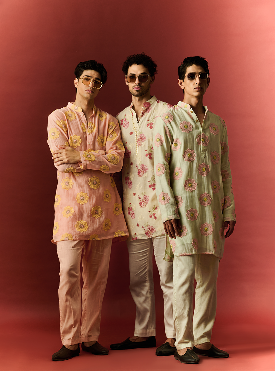 CHANDERI IVORY KURTA SET WITH FLORAL EMBROIDERY IN HUES OF LOVE My Store