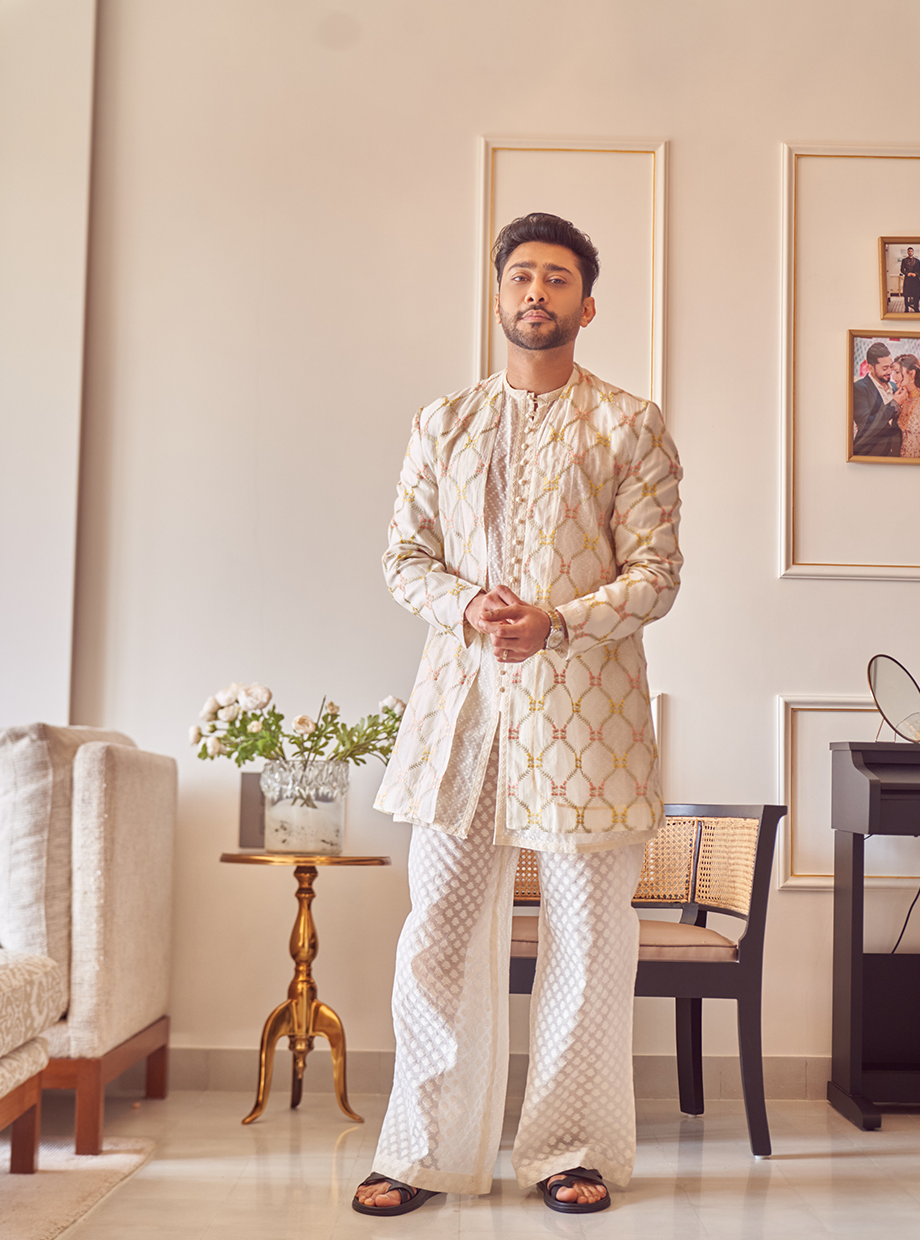 JAAL EMBROIDERED JACKET + CHANDERI OPEN STYLE SHORT KURTA + FLARED PANTS My Store