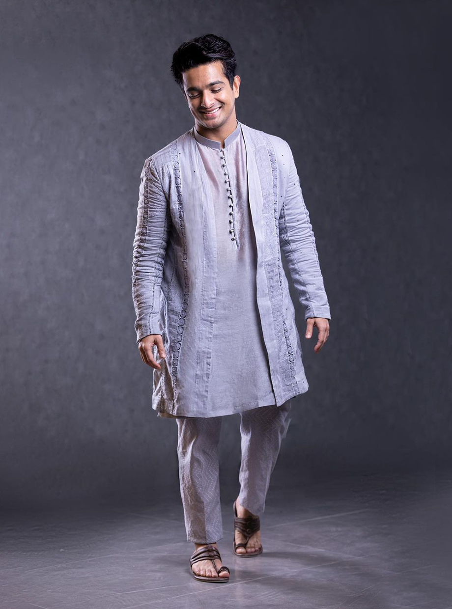 DOVE GREY EMBROIDERED JACKET & CHANDERI KURTA SET My Store