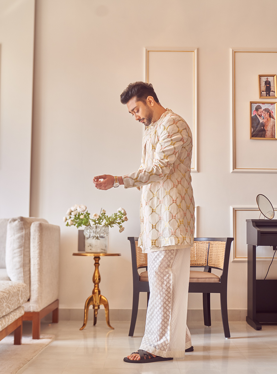 JAAL EMBROIDERED JACKET + CHANDERI OPEN STYLE SHORT KURTA + FLARED PANTS My Store