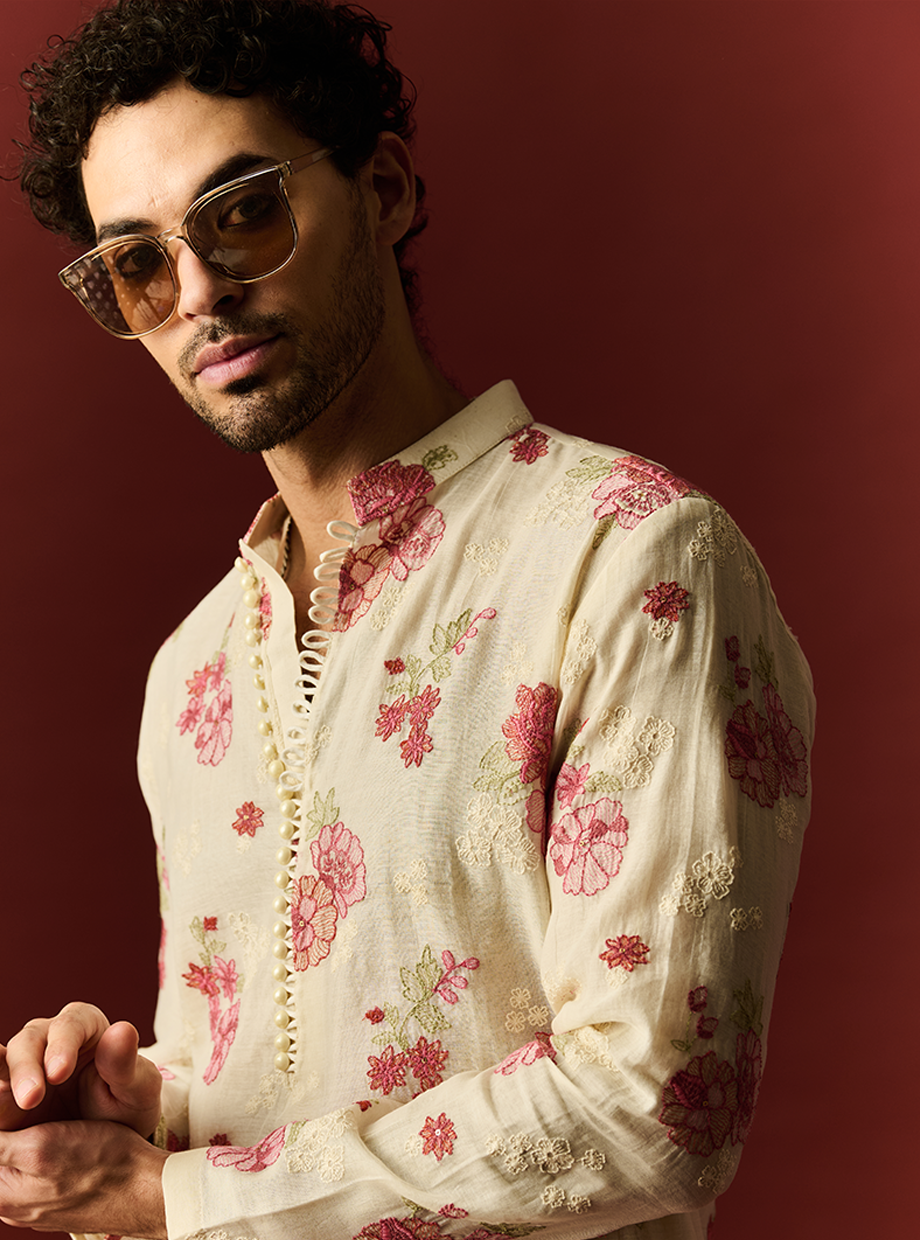 CHANDERI IVORY KURTA SET WITH FLORAL EMBROIDERY IN HUES OF LOVE My Store