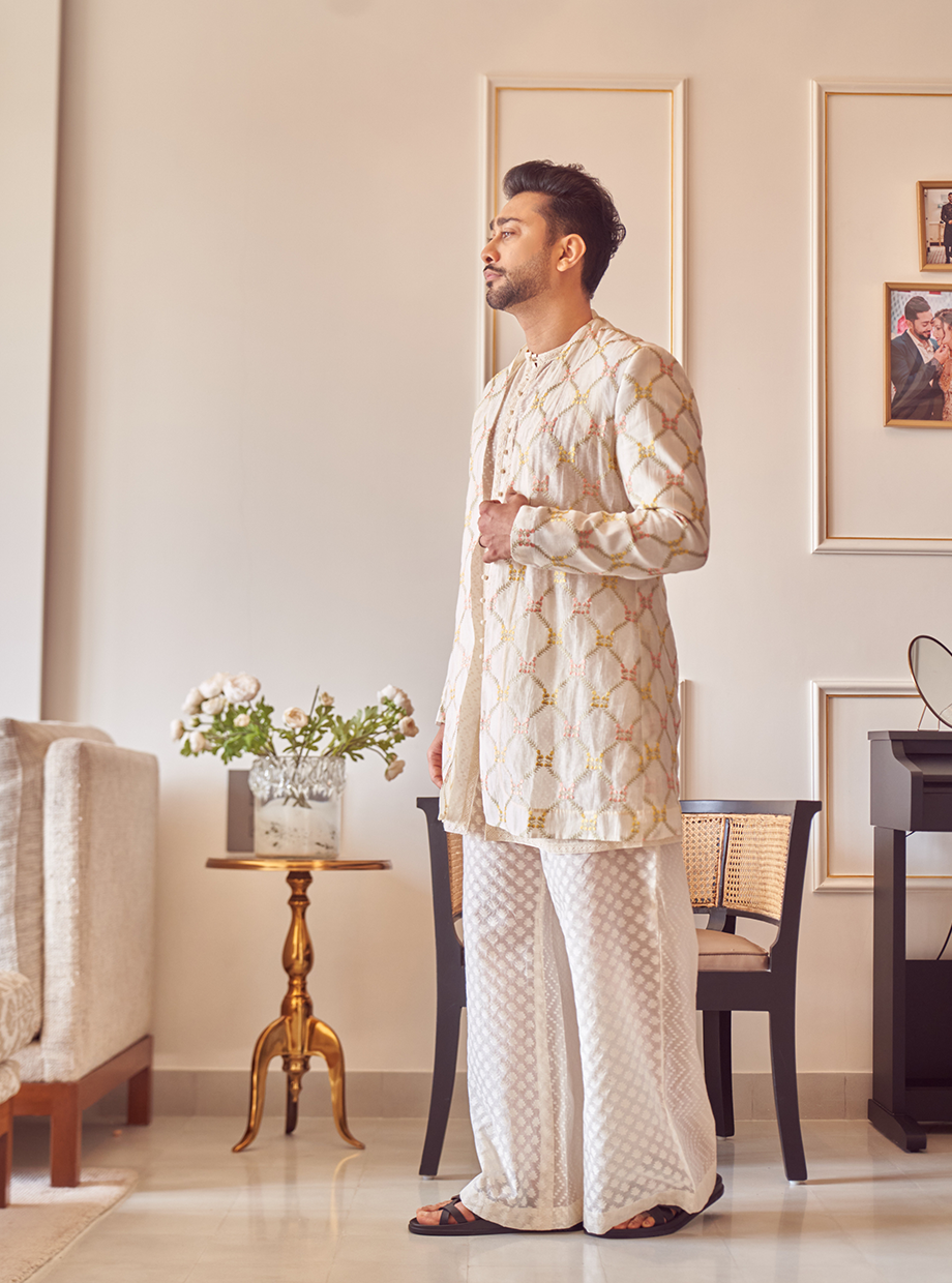 JAAL EMBROIDERED JACKET + CHANDERI OPEN STYLE SHORT KURTA + FLARED PANTS My Store