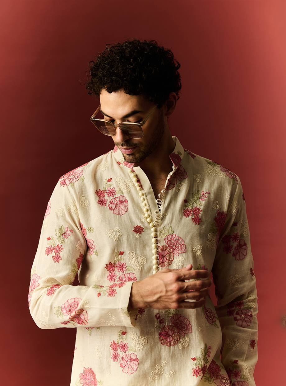 CHANDERI IVORY KURTA SET WITH FLORAL EMBROIDERY IN HUES OF LOVE My Store
