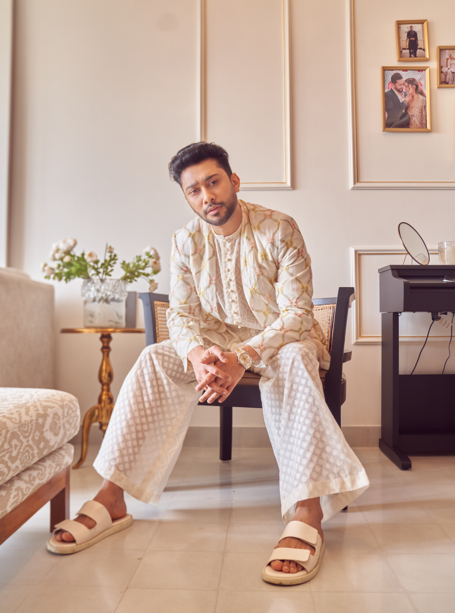 JAAL EMBROIDERED JACKET + CHANDERI OPEN STYLE SHORT KURTA + FLARED PANTS My Store