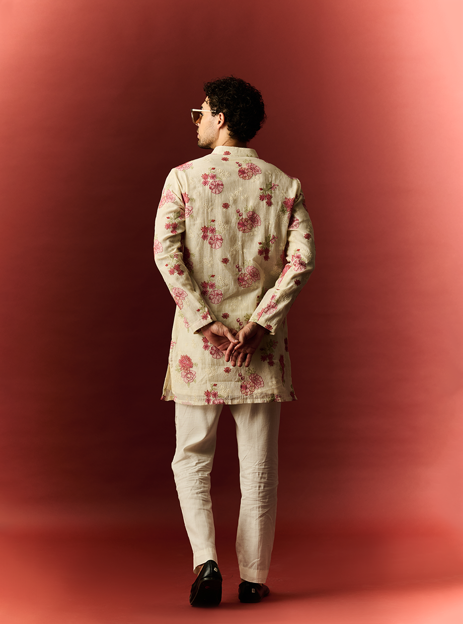CHANDERI IVORY KURTA SET WITH FLORAL EMBROIDERY IN HUES OF LOVE My Store