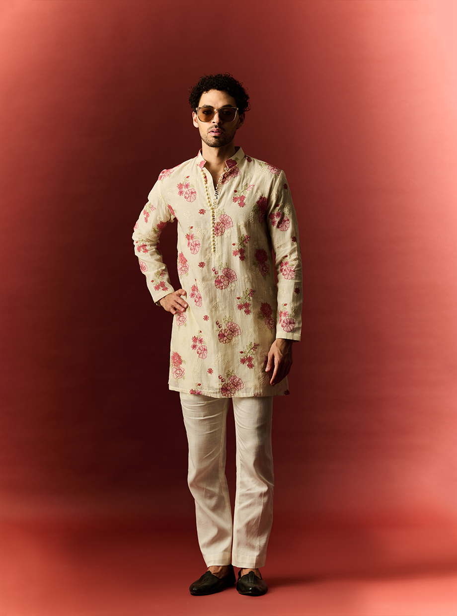 CHANDERI IVORY KURTA SET WITH FLORAL EMBROIDERY IN HUES OF LOVE My Store