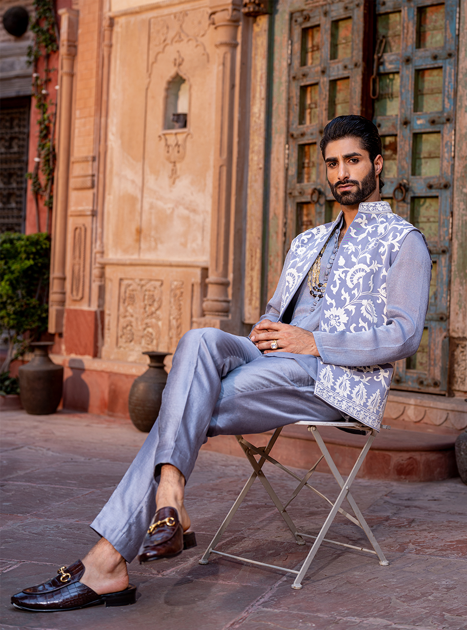 STEEL GREY SHIMMER SHIRT + CHANDERI PANT PAIRED WITH LACHKA BUNDI EXAGGERATED WITH RESHAM AND KASAB DORI WORK Nafsstore