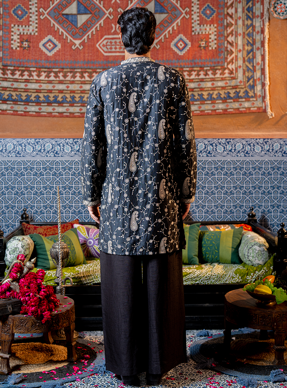 RAVEN BLACK CHANDERI KURTA WITH PAISELY EMBROIDERY PAIRED WITH TUSSAR SILK PANTS Nafsstore