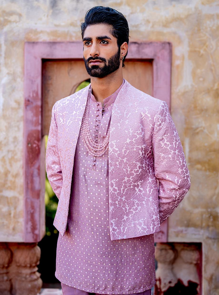 ONION PINK CHANDERI ROSE TEXTURED JACKET PAIRED WITH CHANDERI BROCADE SHORT KURTA + CHANDERI PANT Nafsstore