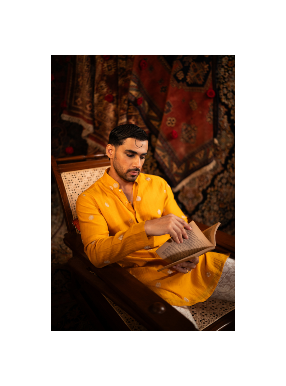 Mango yellow Chanderi kurta with floral gold dori work Nafsstore
