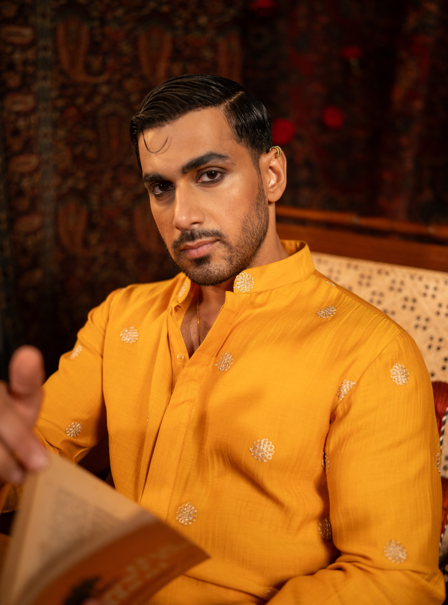 Mango yellow Chanderi kurta with floral gold dori work Nafsstore