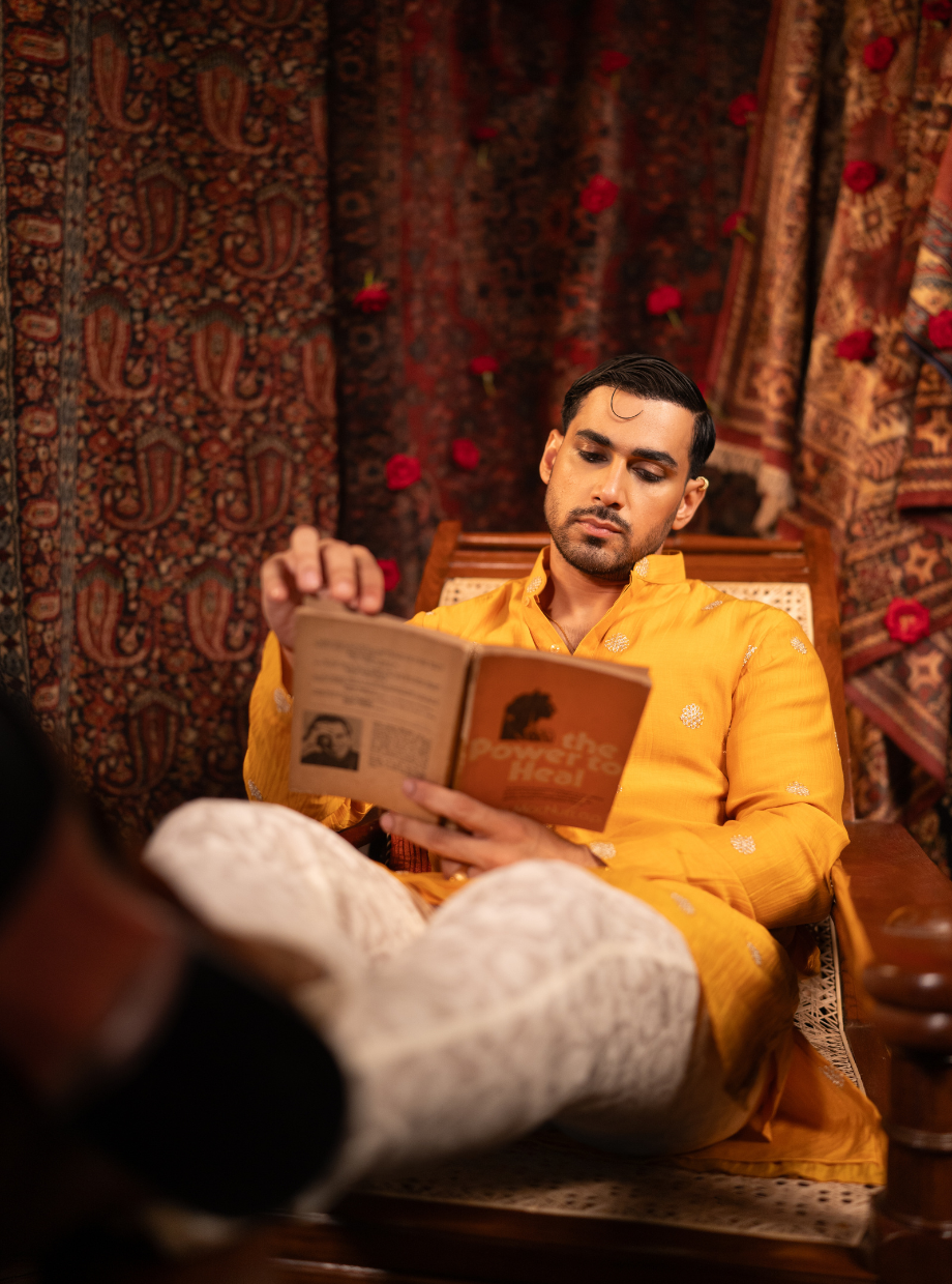 Mango yellow Chanderi kurta with floral gold dori work Nafsstore