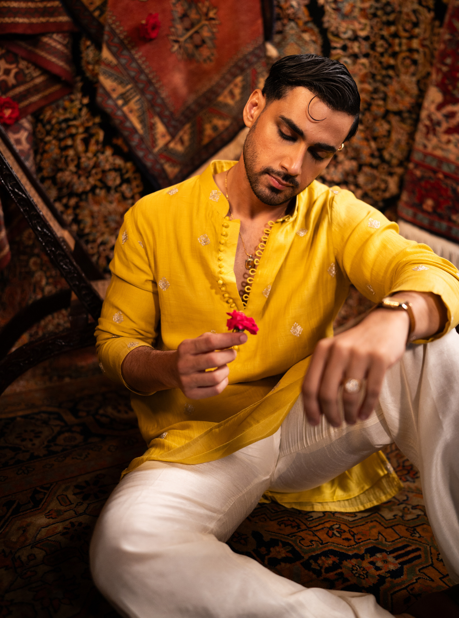 Marigold yellow Chanderi kurta with gold dori butti work Nafsstore
