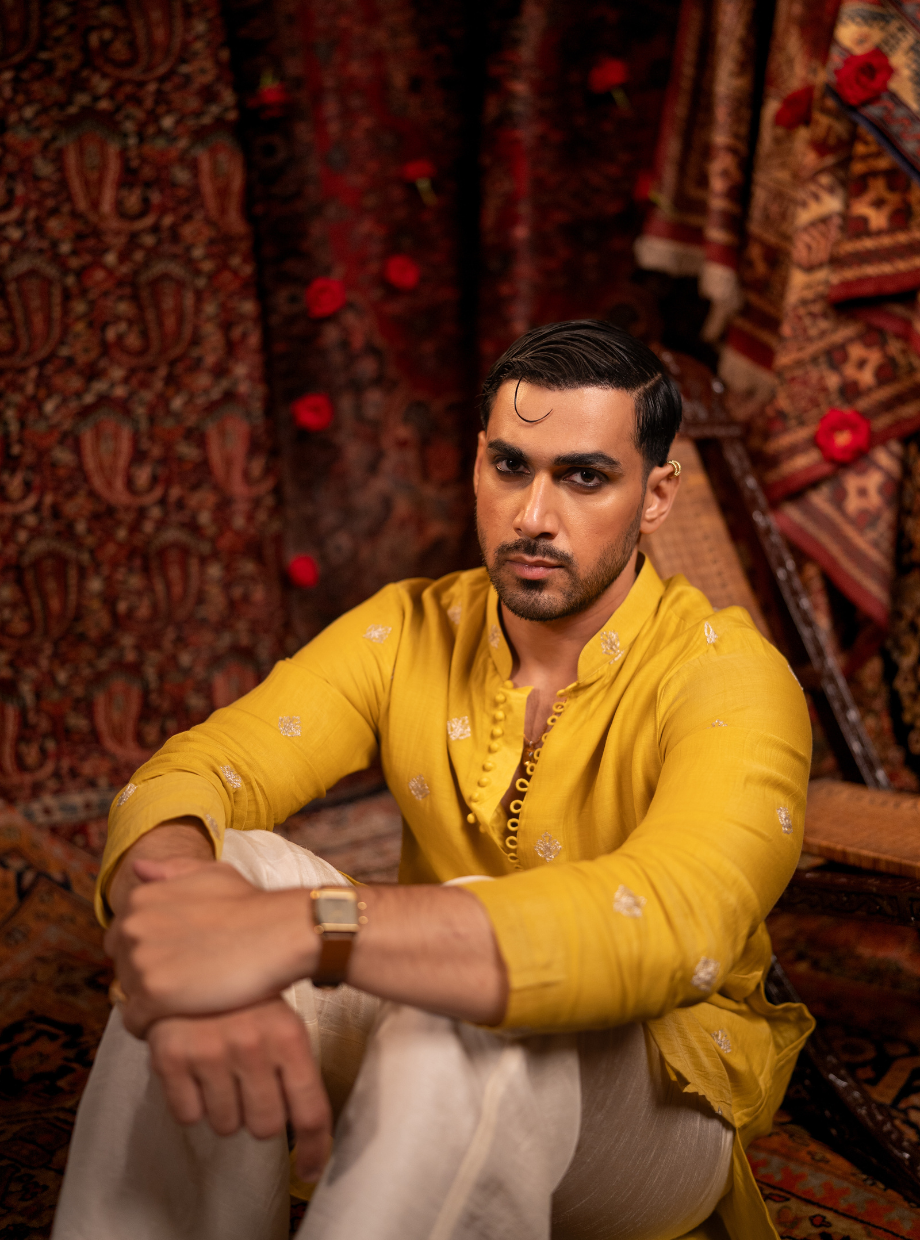 Marigold yellow Chanderi kurta with gold dori butti work Nafsstore