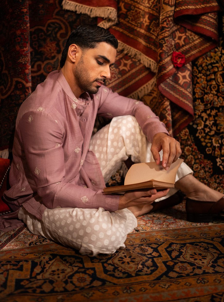 Dusty rose pink chanderi Kurta with gold dori butti work Nafsstore