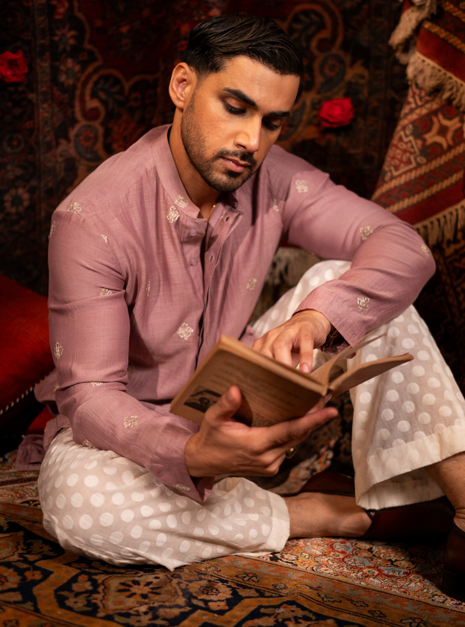 Dusty rose pink chanderi Kurta with gold dori butti work Nafsstore