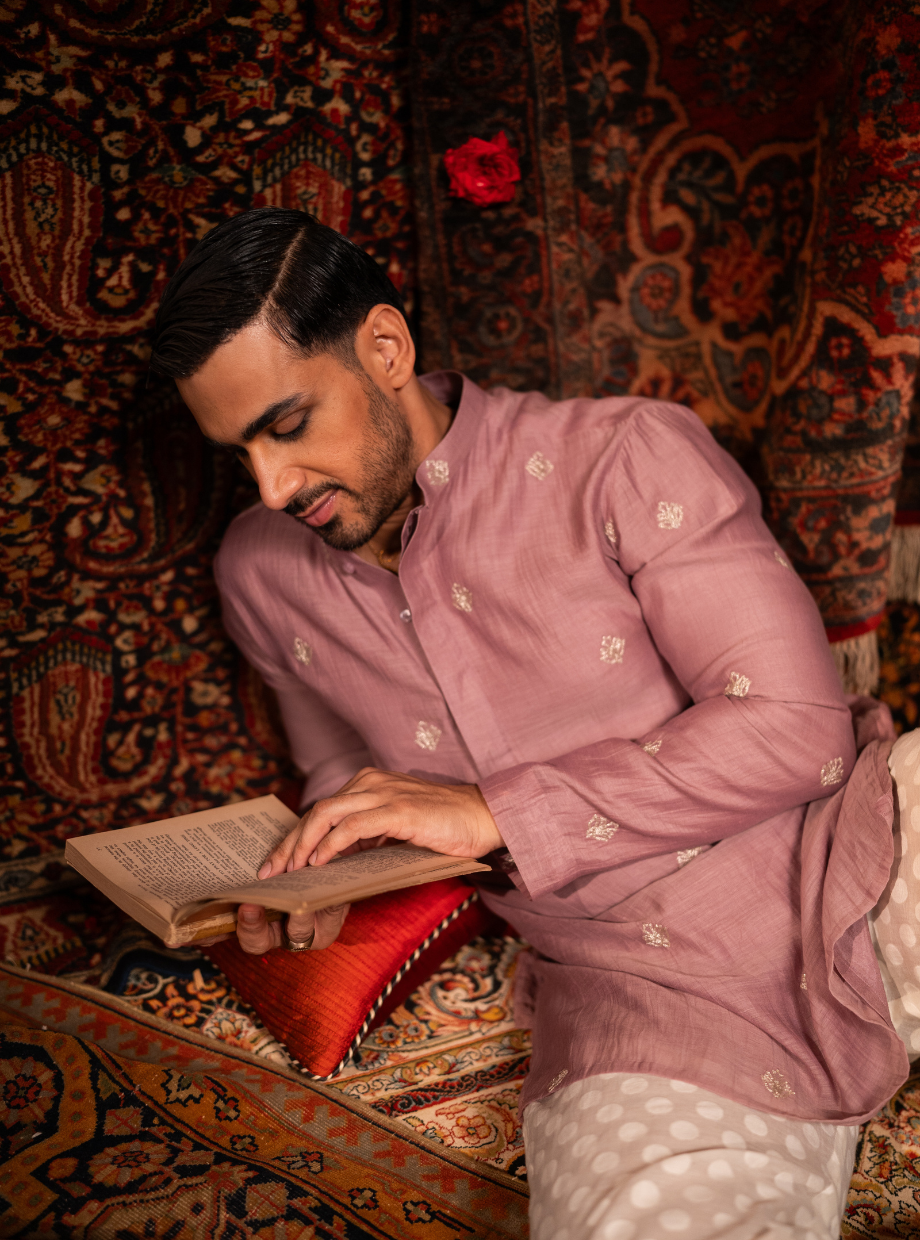 Dusty rose pink chanderi Kurta with gold dori butti work Nafsstore