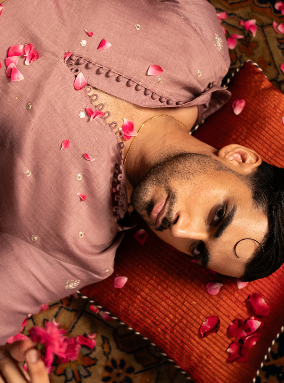 Dusty rose pink Chanderi Kurta with gold dori butti work on Sleeves and Dori and gota work on the body Nafsstore