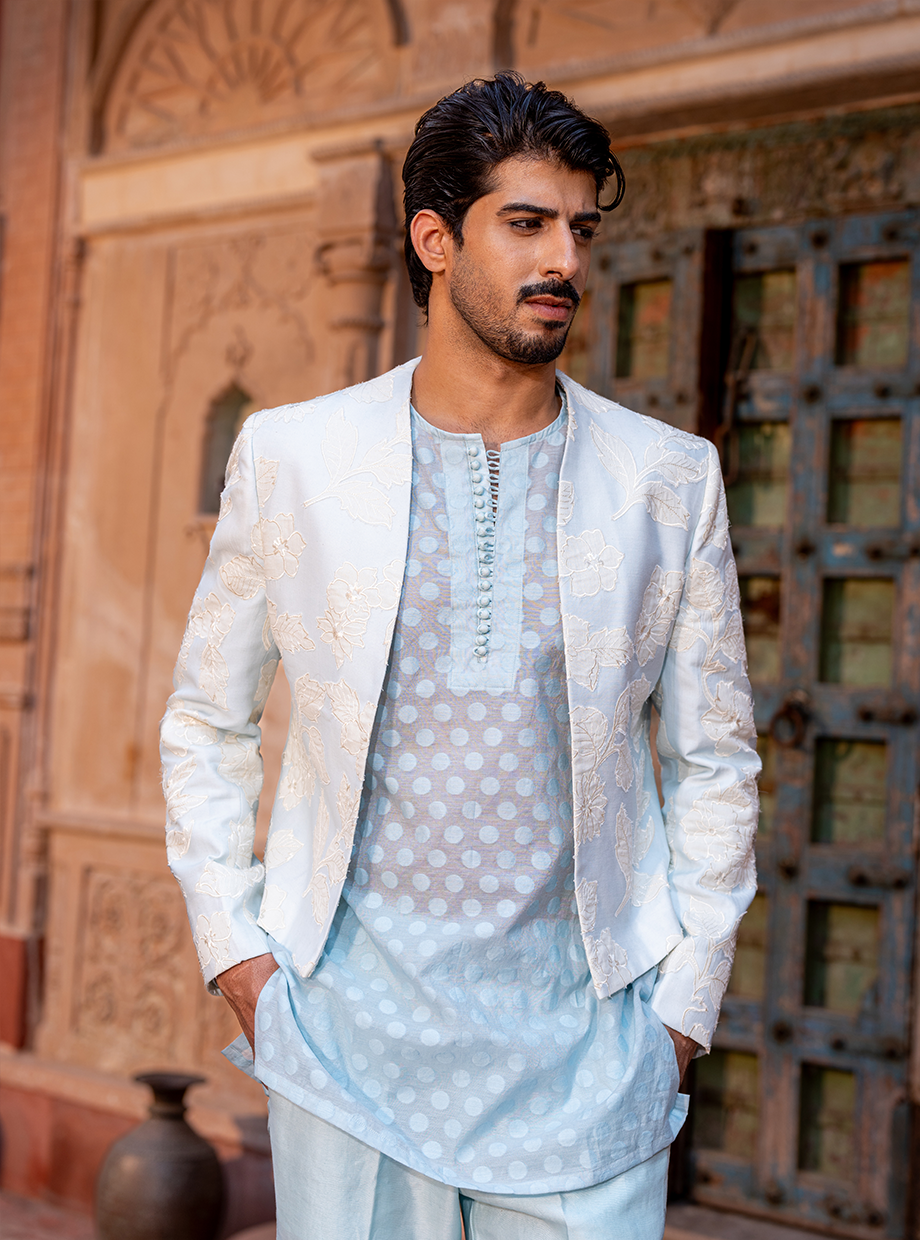 PASTEL BLUE FLORAL APPLIQUE JACKET PAIRED WITH CHANDERI POLKA KURTA AND CHANDERI PANTSv Nafsstore