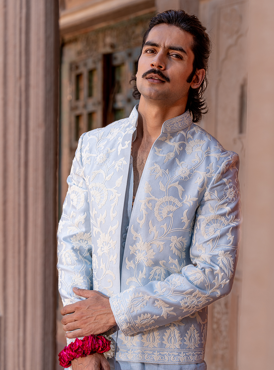 POWDER BLUE SHIMMER SHIRT + CHANDERI PANT PAIRED WITH CHANDERI JACKET EXAGGERATED WITH RESHAM AND KASAB DORI WORK Nafsstore