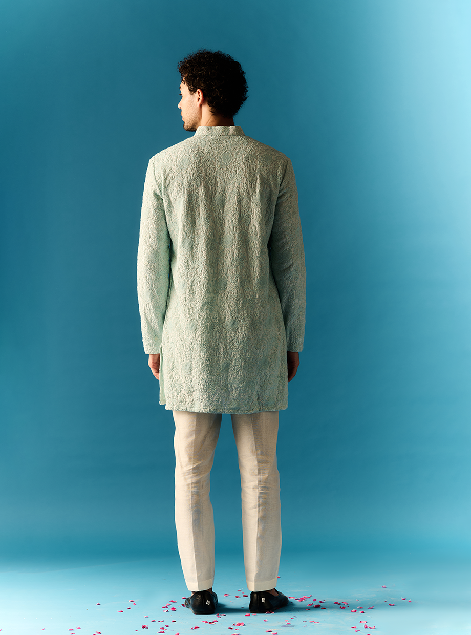 LUCKNOWI EMBROIDERED SILK AQUA KURTA My Store