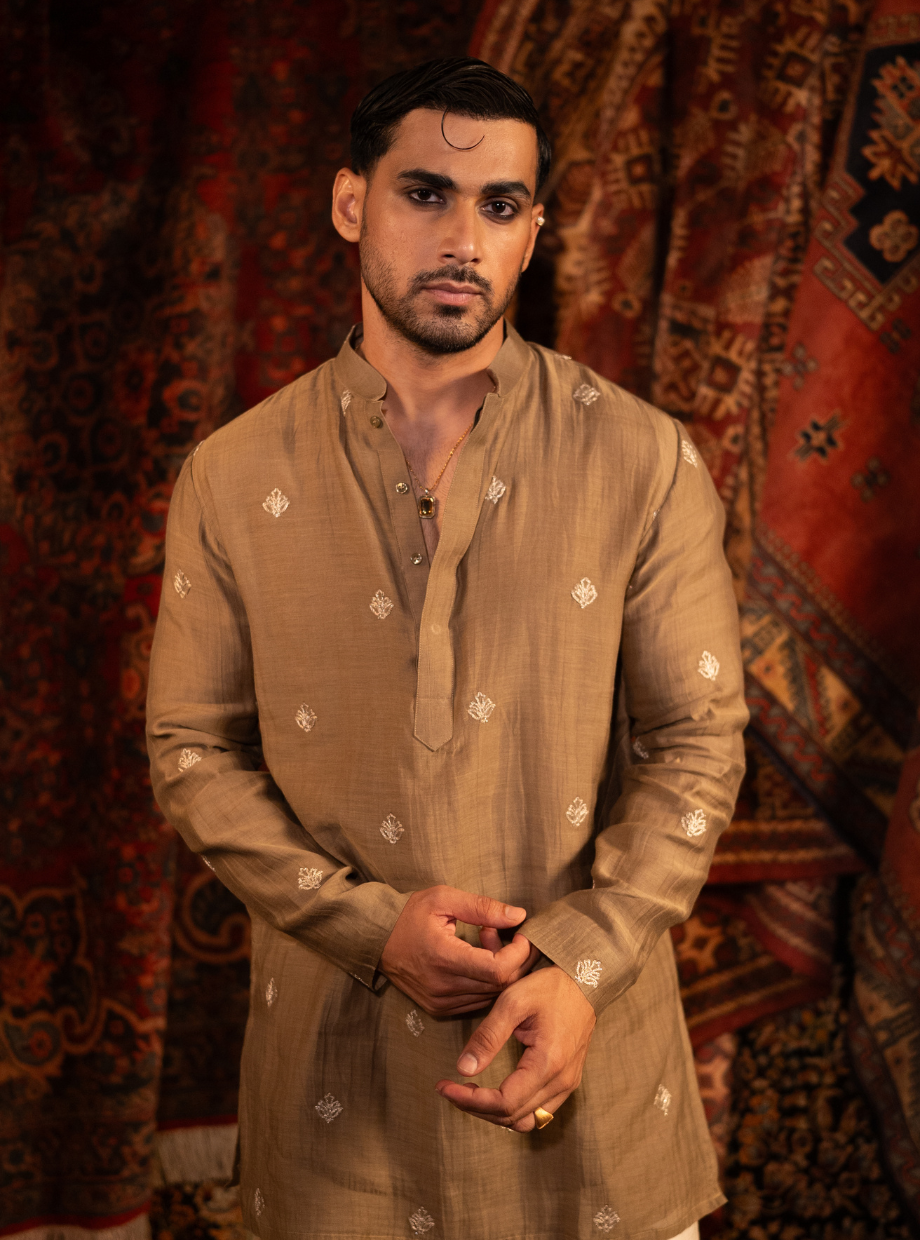 Warm Taupe Chanderi kurta with gold dori butti work Nafsstore