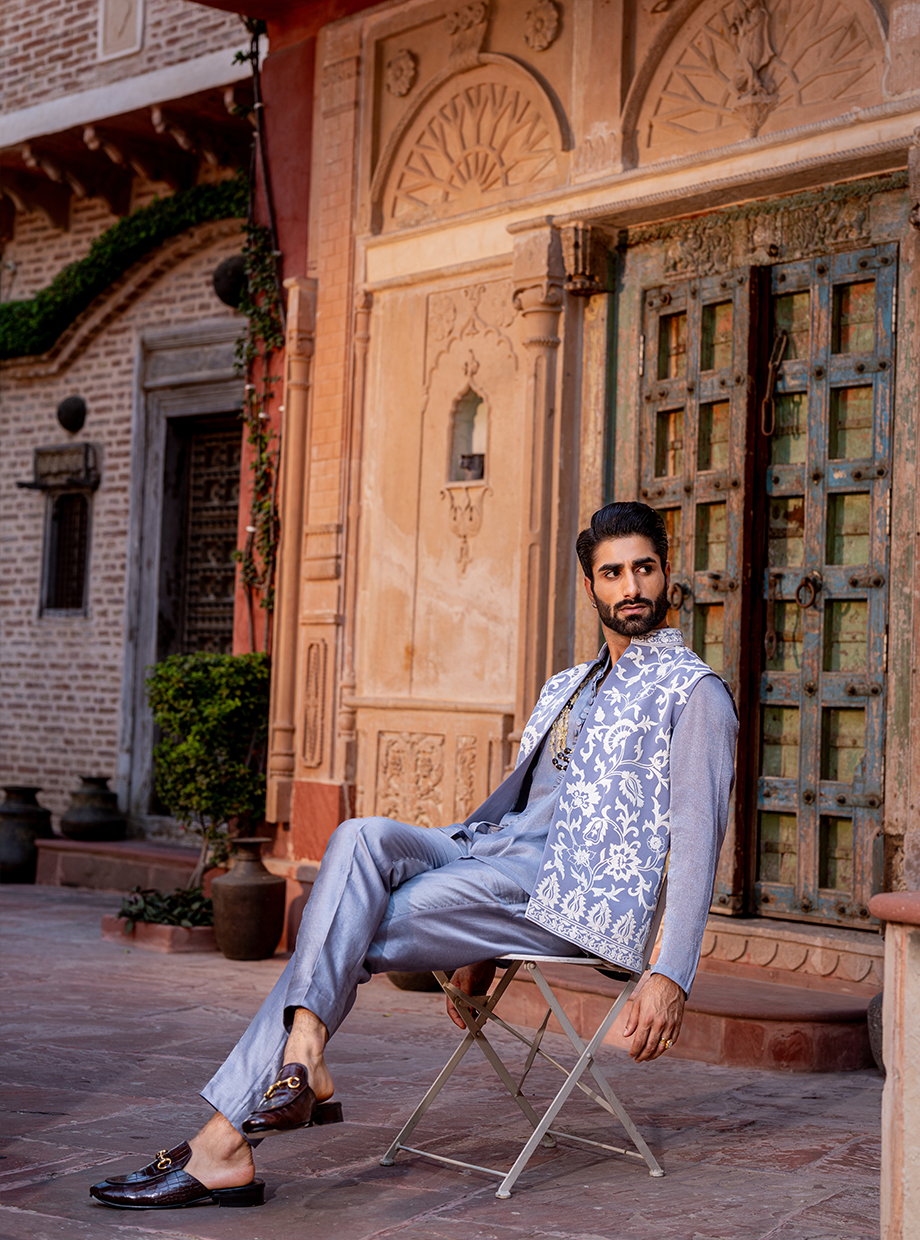 STEEL GREY SHIMMER SHIRT + CHANDERI PANT PAIRED WITH LACHKA BUNDI EXAGGERATED WITH RESHAM AND KASAB DORI WORK Nafsstore