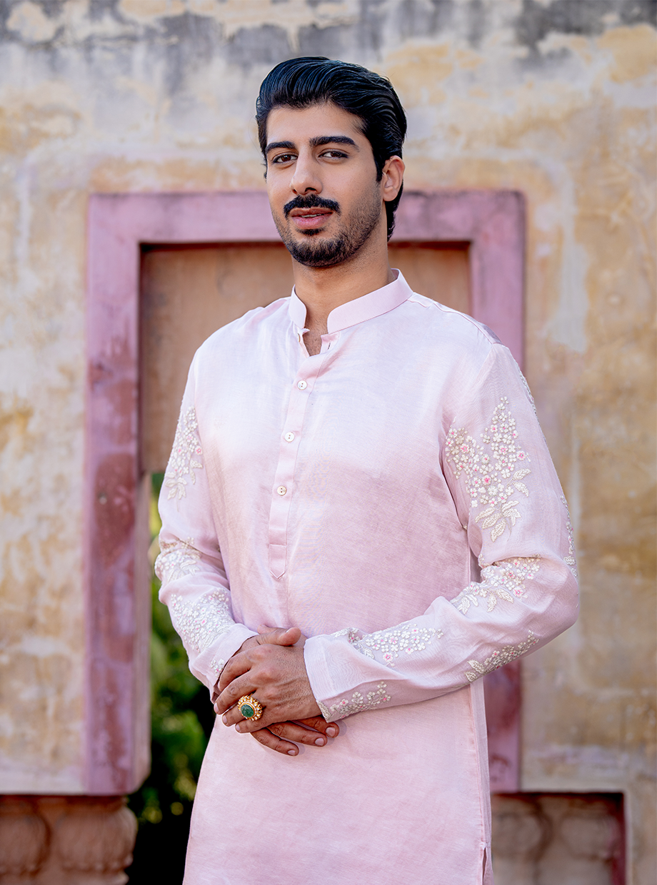 PASTEL PINK SATIN LINEN KURTA WITH CHANDERI PASTEL PINK FLORAL EMBROIDERED SLEEVES PAIRED WITH SATIN LINEN PANTS Nafsstore