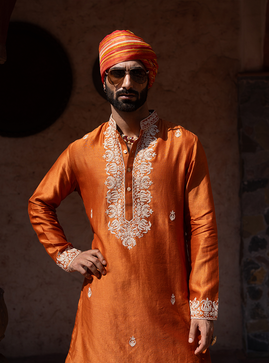 RUST CHANDERI KURTA SET ELABORATED WITH KASAB & RESHAM DORI EMBROIDERY PAIRED WITH FLARED RUST TUSSAR SILK PANT Nafsstore