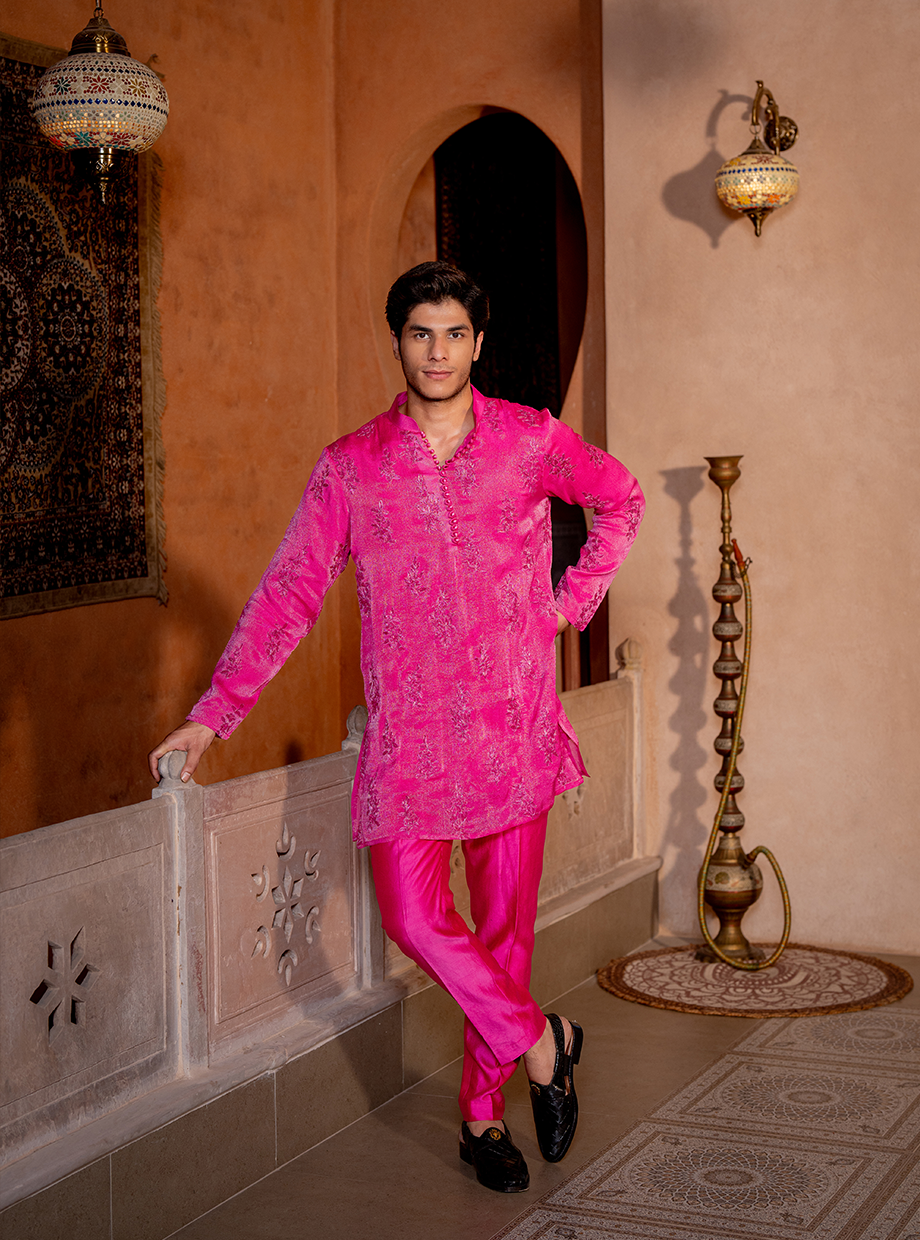 HOT PINK SHIMMER KURTA EXAGGERATED WITH TONE ON TONE KASAB DORI FLORAL EMBROIDERY PAIRED WITH CHANDERI PANTS Nafsstore