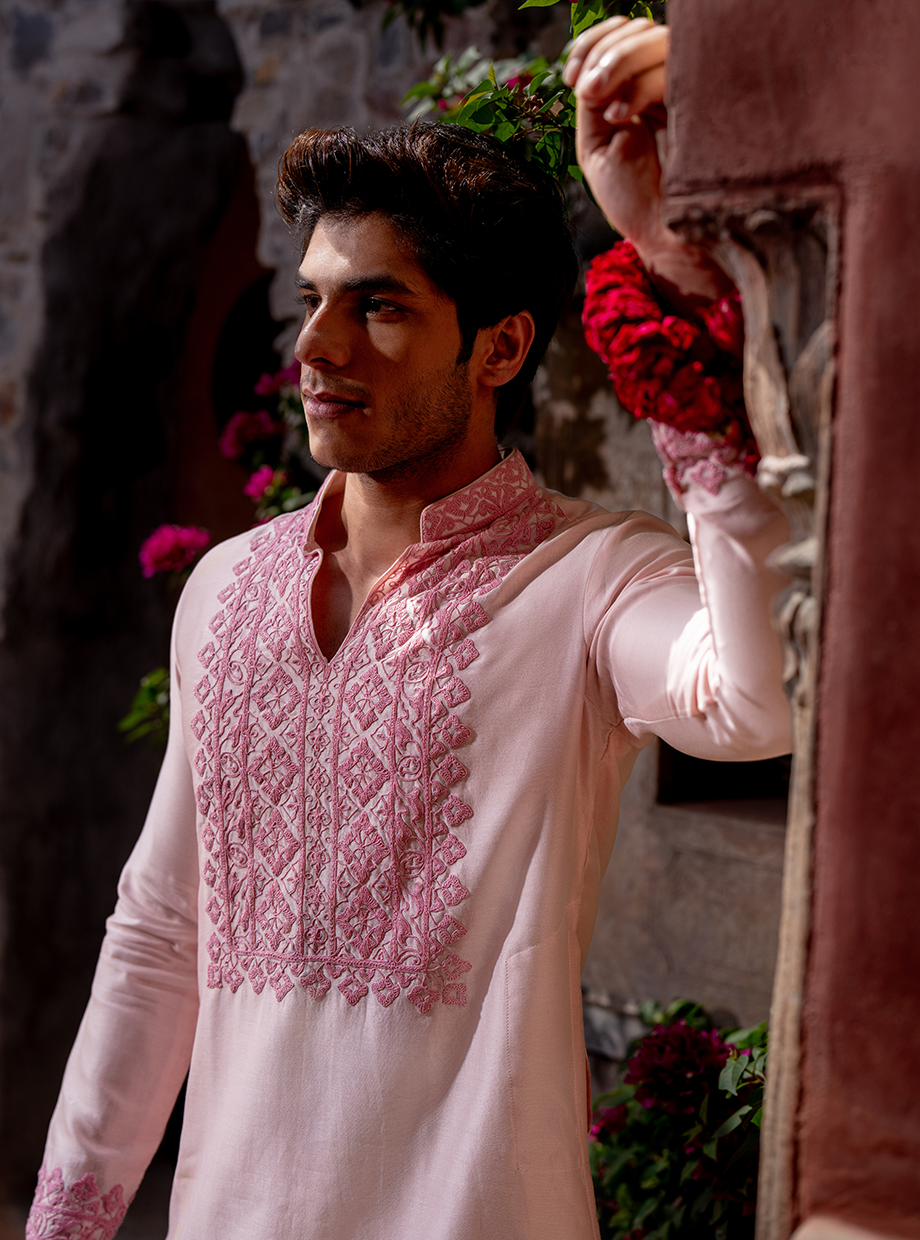 PASTEL PINK CHANDERI KURTA ELABORATED WITH DORI WORK PAIRED WITH IVORY TUSSAR SILK SALWAR Nafsstore