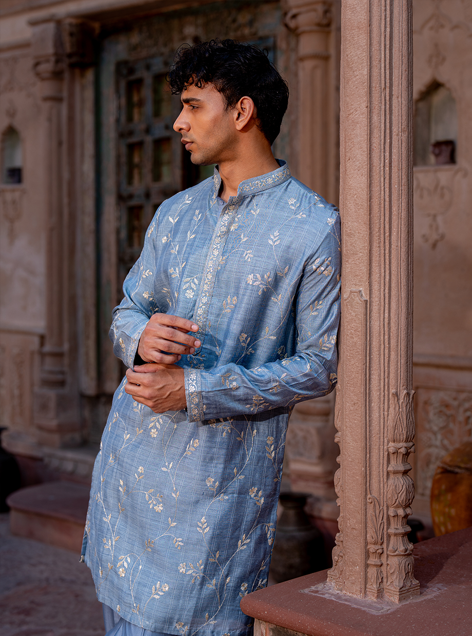 STEEL BLUE CHANDERI ZARI EMBROIDERED KURTA ELABORATED PAIRED WITH SELF CHANDERI PANT Nafsstore