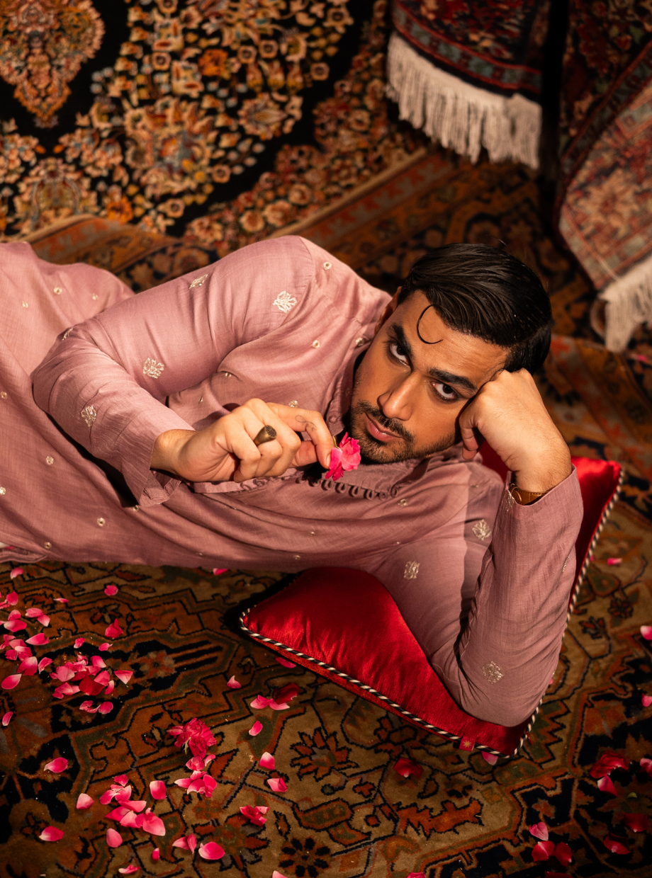 Dusty rose pink Chanderi Kurta with gold dori butti work on Sleeves and Dori and gota work on the body Nafsstore