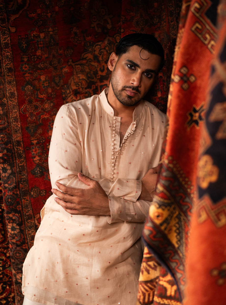 Blush ivory Chanderi Kurta with peach/pink sequin work Nafsstore