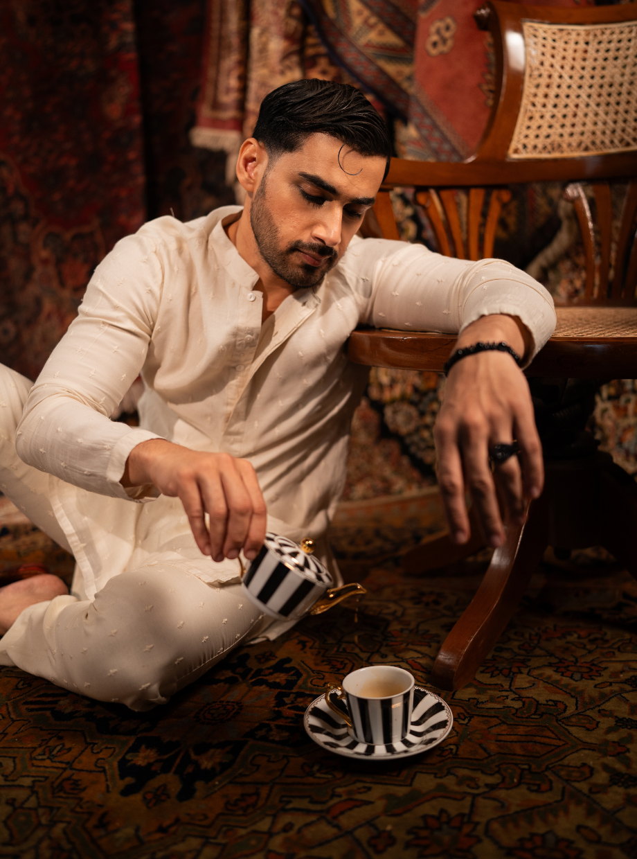 Ivory chaderi kurta with self ivory butti work Nafsstore