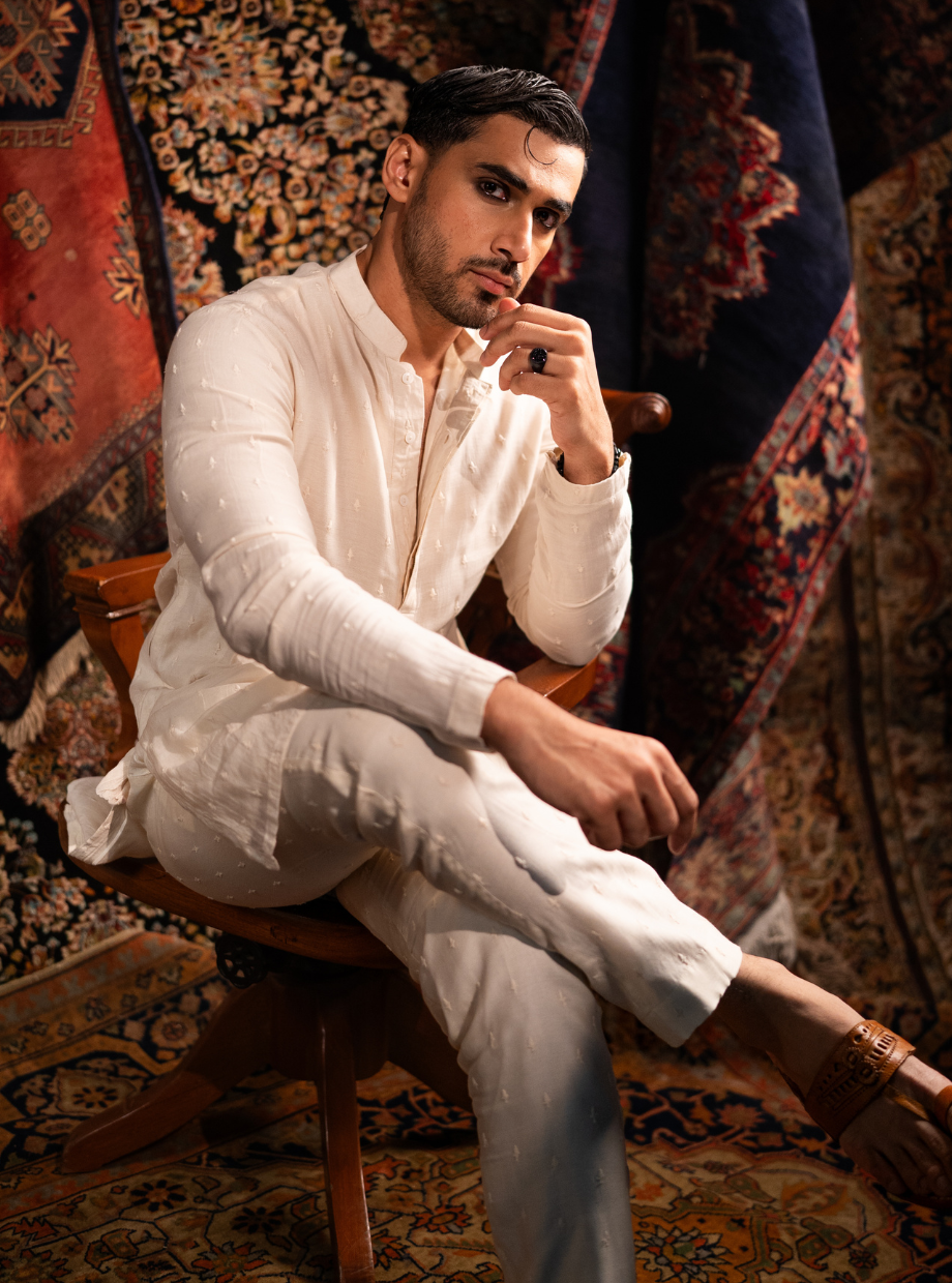 Ivory chaderi kurta with self ivory butti work Nafsstore