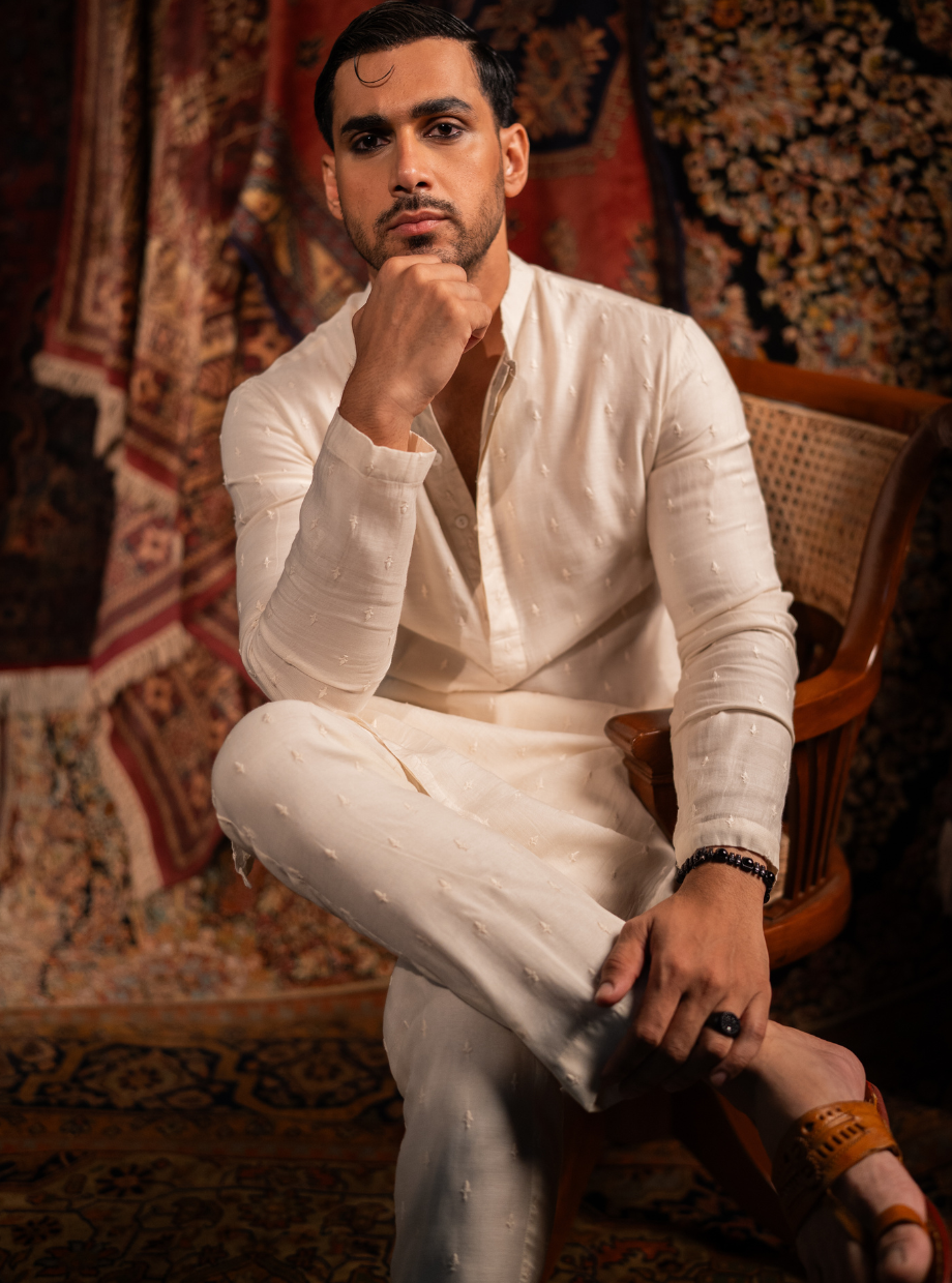 Ivory chaderi kurta with self ivory butti work Nafsstore