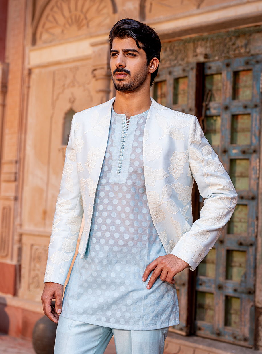 PASTEL BLUE FLORAL APPLIQUE JACKET PAIRED WITH CHANDERI POLKA KURTA AND CHANDERI PANTSv Nafsstore