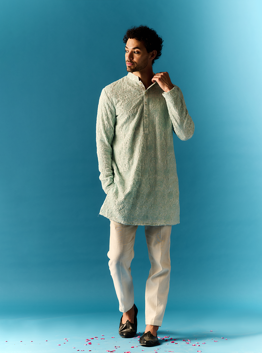 LUCKNOWI EMBROIDERED SILK AQUA KURTA My Store