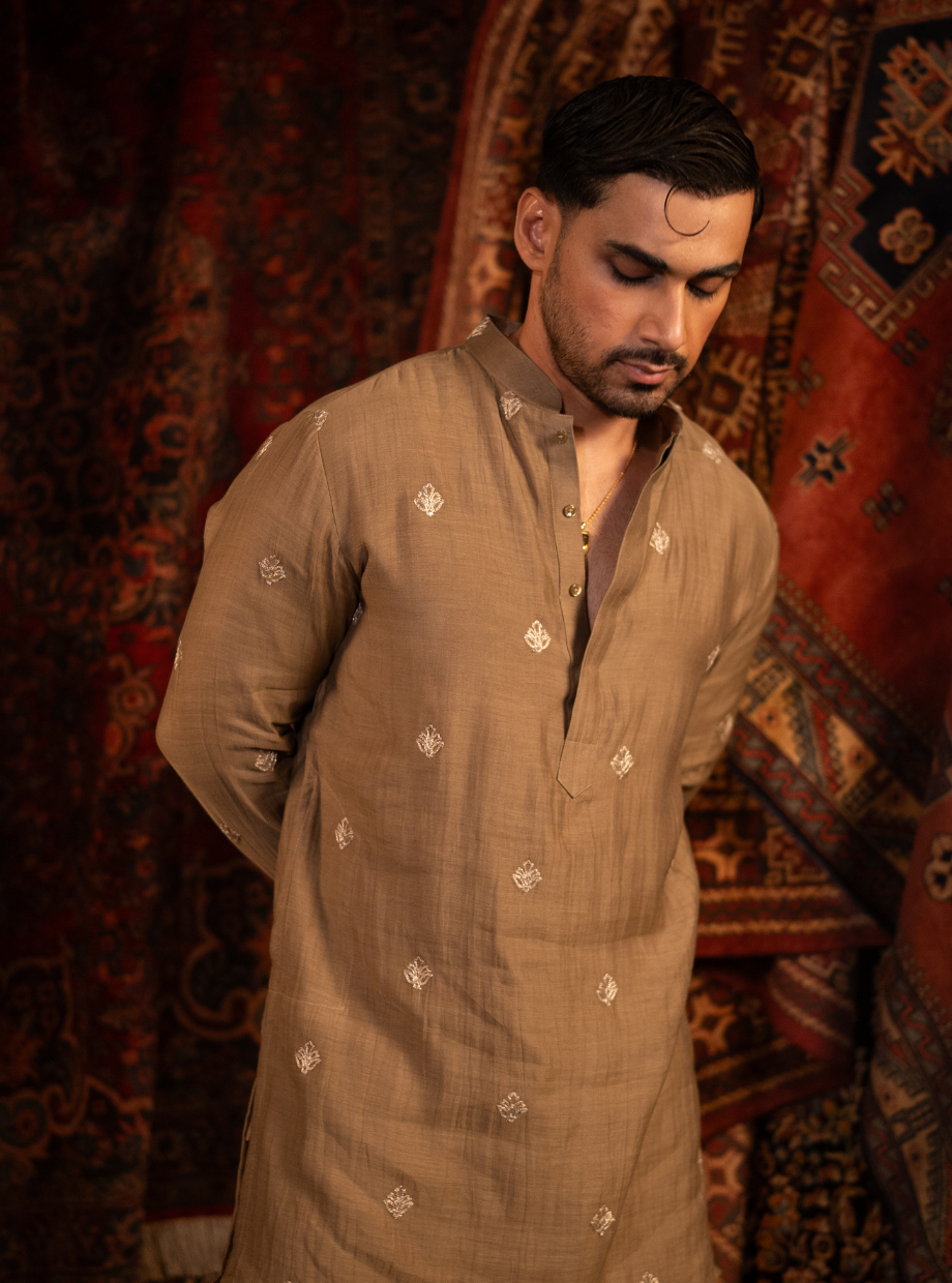 Warm Taupe Chanderi kurta with gold dori butti work Nafsstore
