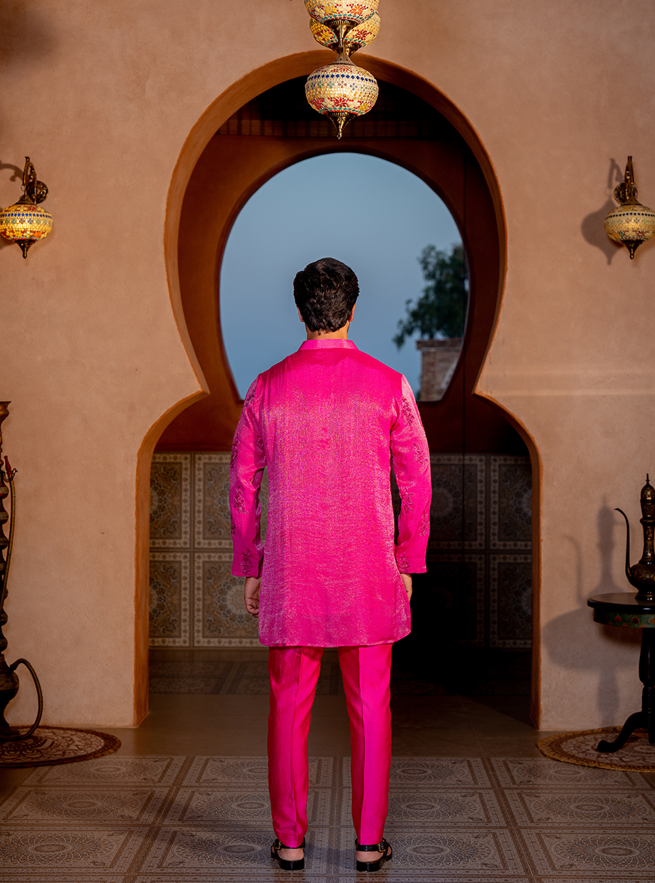 HOT PINK SHIMMER KURTA EXAGGERATED WITH TONE ON TONE KASAB DORI FLORAL EMBROIDERY PAIRED WITH CHANDERI PANTS Nafsstore