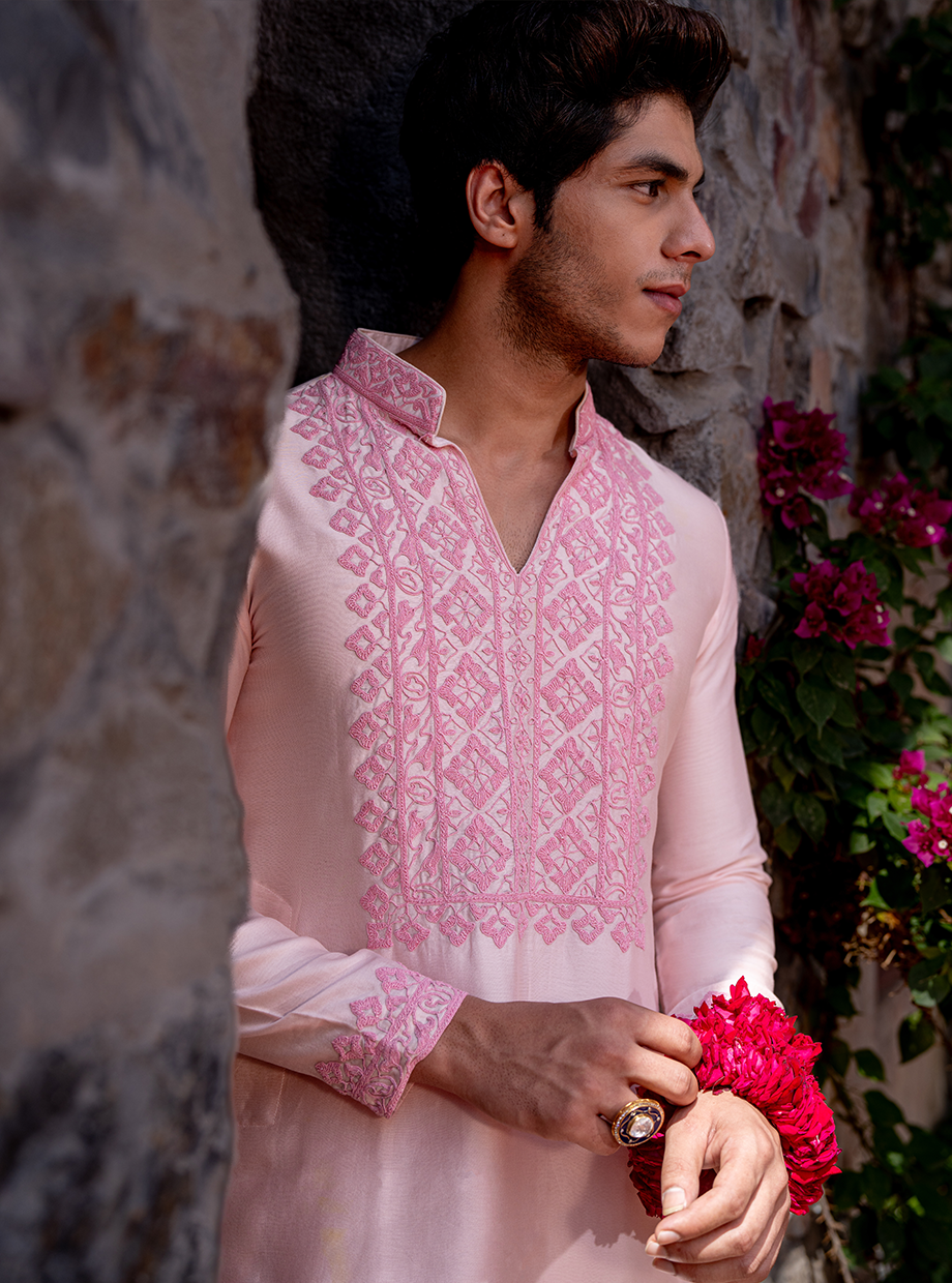 PASTEL PINK CHANDERI KURTA ELABORATED WITH DORI WORK PAIRED WITH IVORY TUSSAR SILK SALWAR Nafsstore