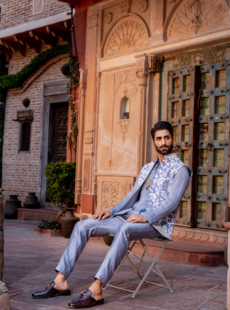 STEEL GREY SHIMMER SHIRT + CHANDERI PANT PAIRED WITH LACHKA BUNDI EXAGGERATED WITH RESHAM AND KASAB DORI WORK Nafsstore